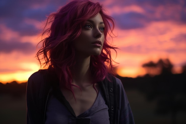 a woman with pink hair standing in front of a sunset