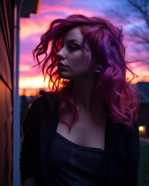 a woman with pink hair standing in front of a sunset