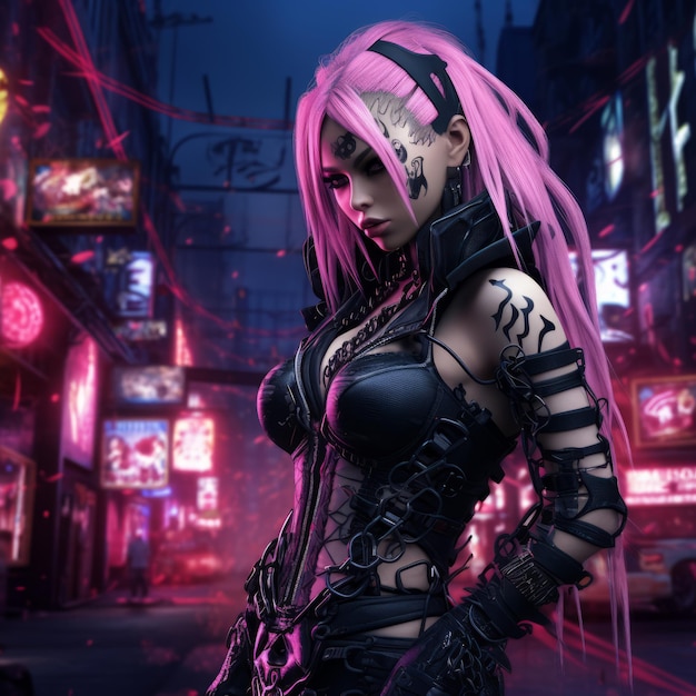 Photo a woman with pink hair standing in the middle of a city street