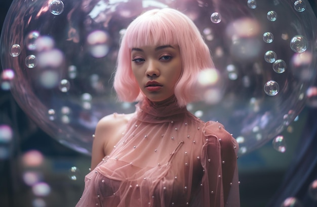 A woman with pink hair stands in a bubble