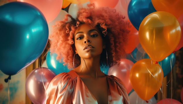 A woman with pink hair stands in front of balloons.