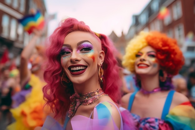 A woman with pink hair stands in front of a crowd of people wearing wigs.