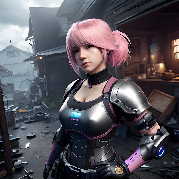 A woman with pink hair stands in front of a destroyed house.