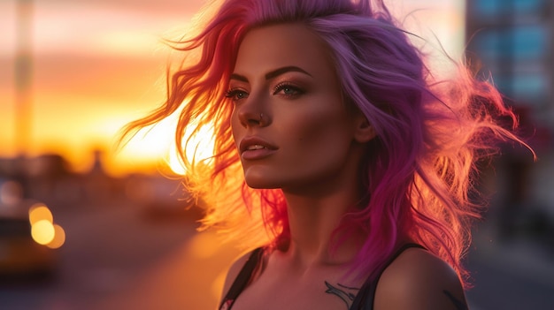 A woman with pink hair stands in front of a sunset