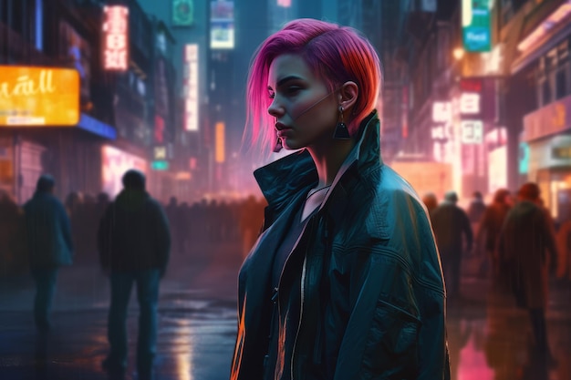 A woman with pink hair stands in a street in the night.