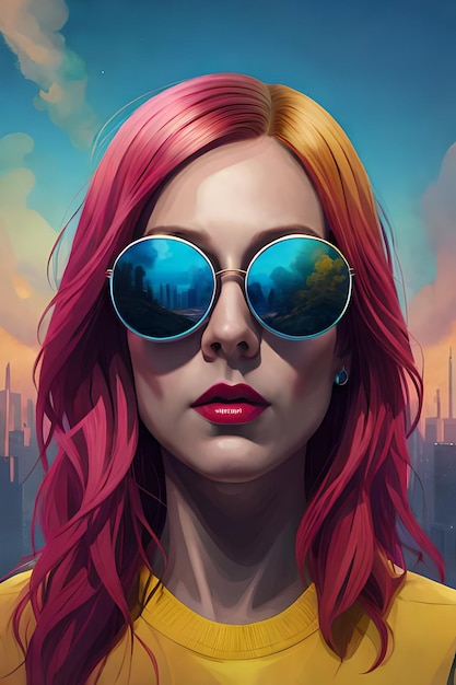 A woman with pink hair and sunglasses in front of a cityscape