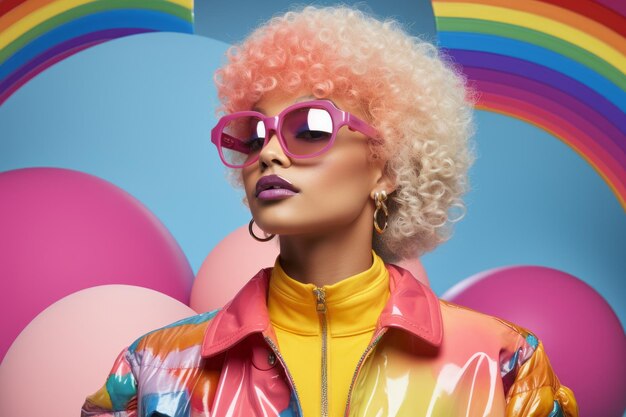 Photo a woman with pink hair and sunglasses in front of colorful balloons