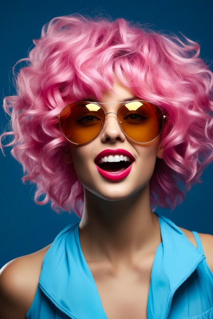 Woman with pink hair and sunglasses on her face