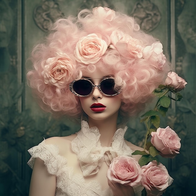 A woman with pink hair and sunglasses holds a bunch of roses.