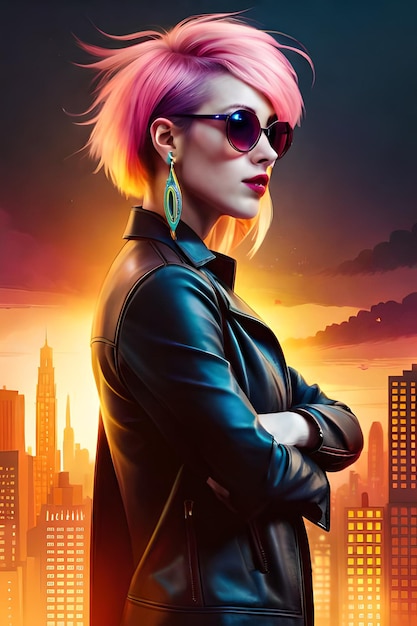 A woman with pink hair and sunglasses stands in front of a cityscape