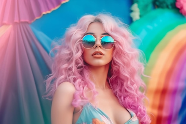 A woman with pink hair and sunglasses stands in front of a rainbow flag.