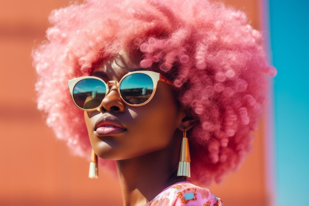 A woman with pink hair and sunglasses stands in front of a red wall.