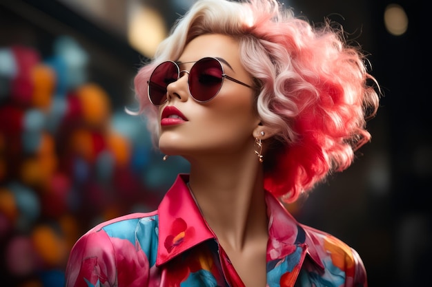 Woman with pink hair and sunglasses on street Generative AI