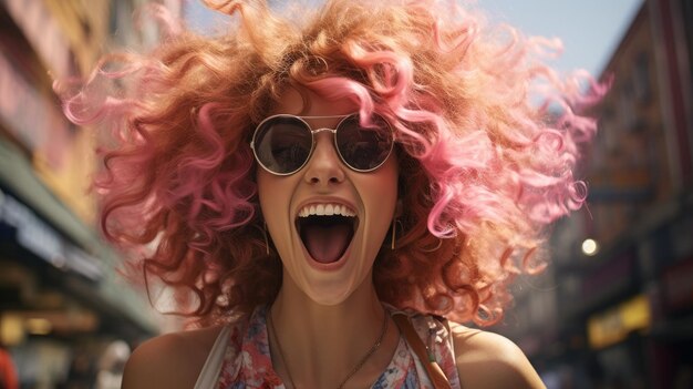 ピンクの髪とサングラスをかけた女性