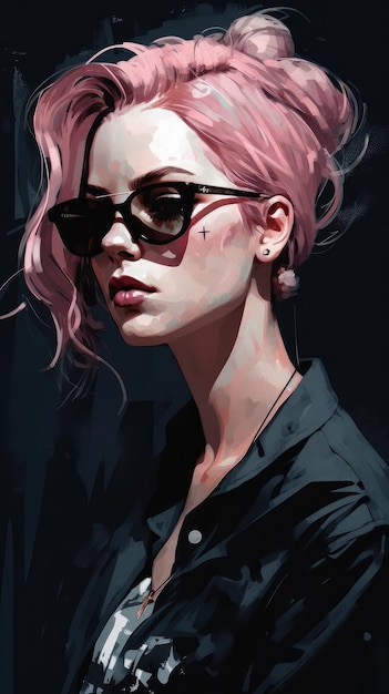 A woman with pink hair and sunglasses