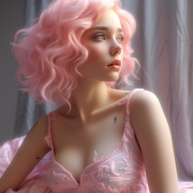 a woman with pink hair and a tattoo on her chest