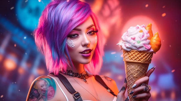 A woman with pink hair and a tattoo holding an ice cream cone.