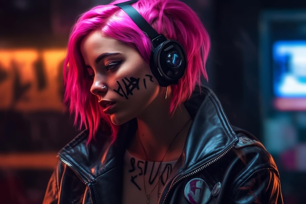 A woman with pink hair wearing a black jacket and headphones with the word'cyberpunk'on the front.