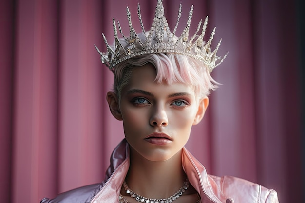 a woman with pink hair wearing a crown