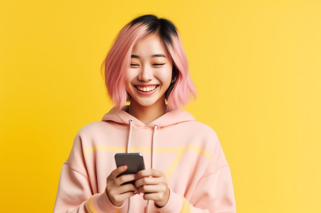 A woman with pink hair wearing a hoodie smiles at a phone.