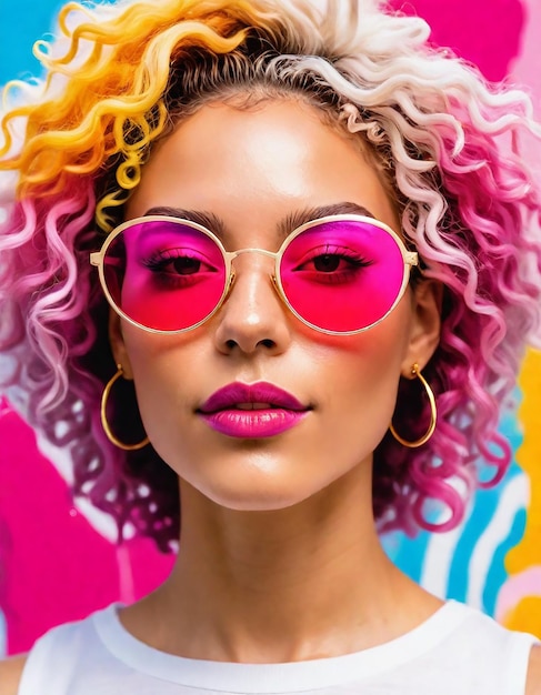 a woman with pink hair wearing a pair of sunglasses with pink and yellow hair