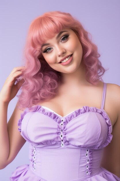 A woman with pink hair wearing a purple dress