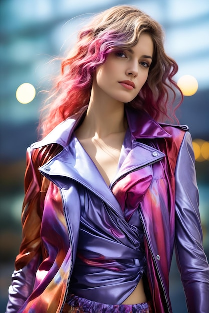 Woman with pink hair wearing purple jacket and purple dress Generative AI