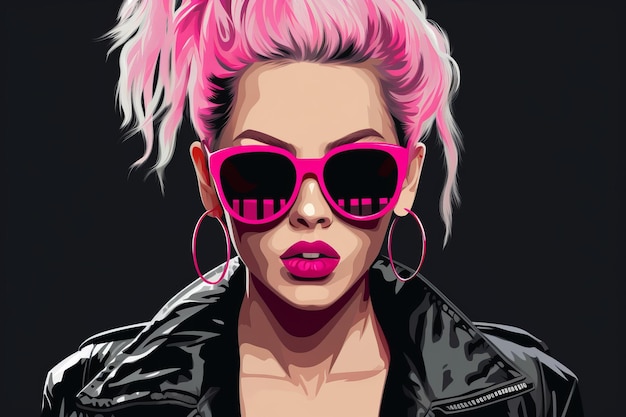 a woman with pink hair wearing sunglasses and a leather jacket