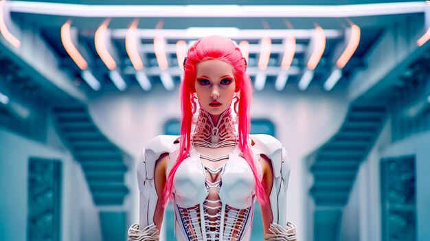 Photo woman with pink hair and white bodysuit standing in room with lights generative ai