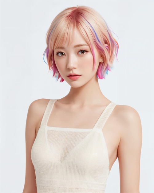 Женщина с розовыми волосами с короткой стрижкой со словом "розовый" спереди