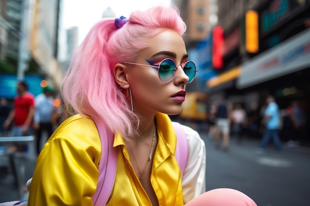 A woman with pink hair and a yellow shirt sits on a city street.