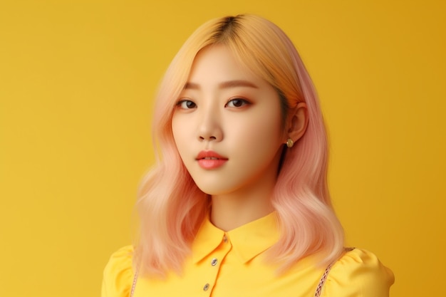 분홍색 머리에 노란색 셔츠를 입은 여자