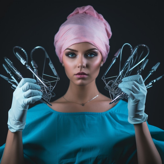 a woman with a pink hat and gloves holding scissors.