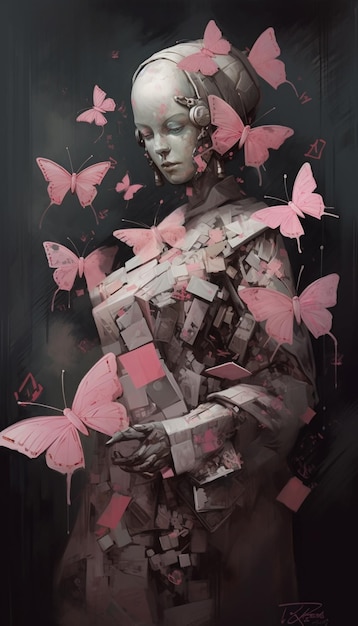 Женщина с розовым головным убором и розовым головным убором с бабочками.