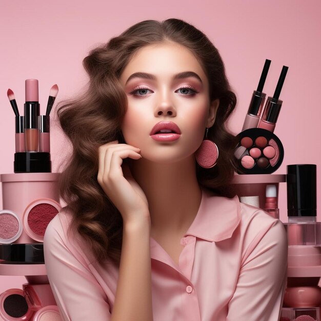 a woman with a pink lip gloss is posing with a pink lipstick.