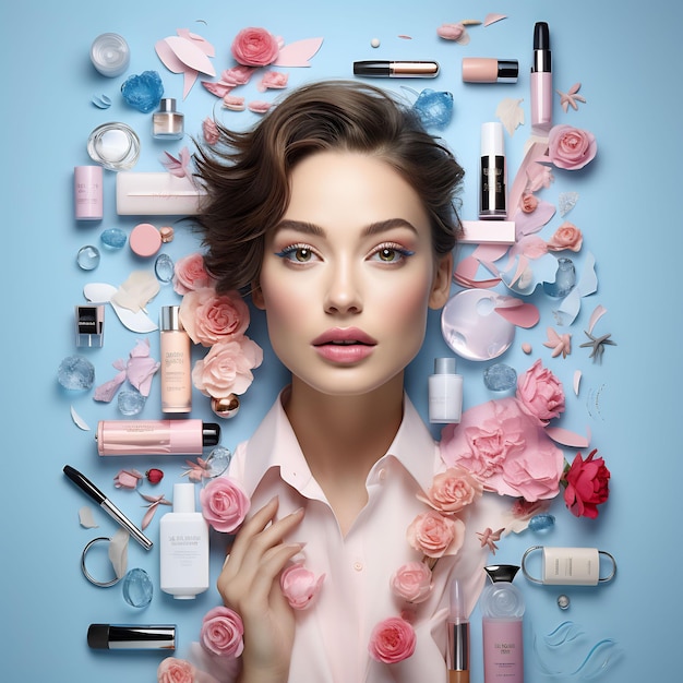 a woman with a pink lip gloss is surrounded by flowers