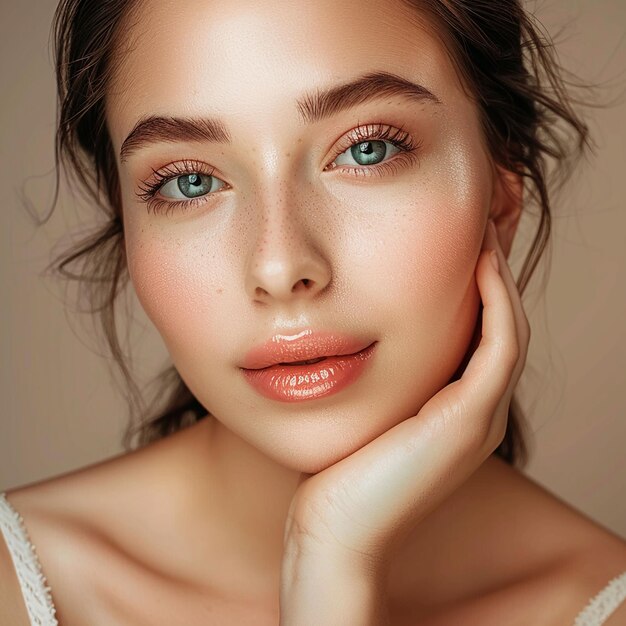 Photo a woman with a pink lip and a white dress with a green eye