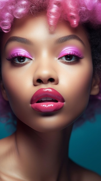 A woman with pink lips and a blue background