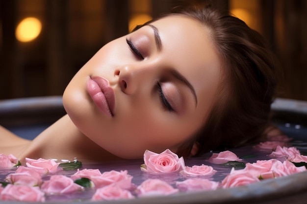 a woman with pink lips laying on a tray with roses