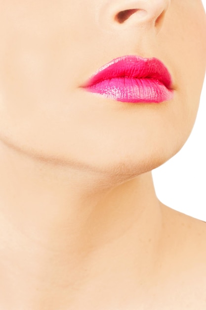 Woman with pink lips on a white background