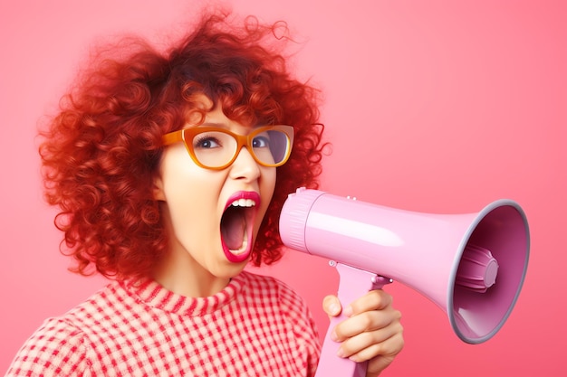 A woman with a pink megaphone and glasses is shouting.