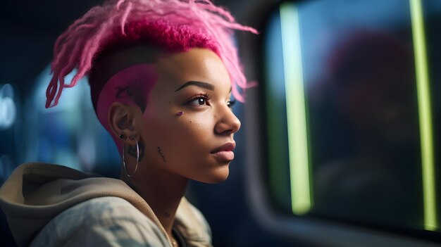 Premium Photo | A woman with a pink mohawk haircut sits in front of a  window.