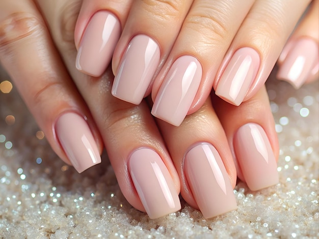 a woman with pink nails and a white glittery manicure