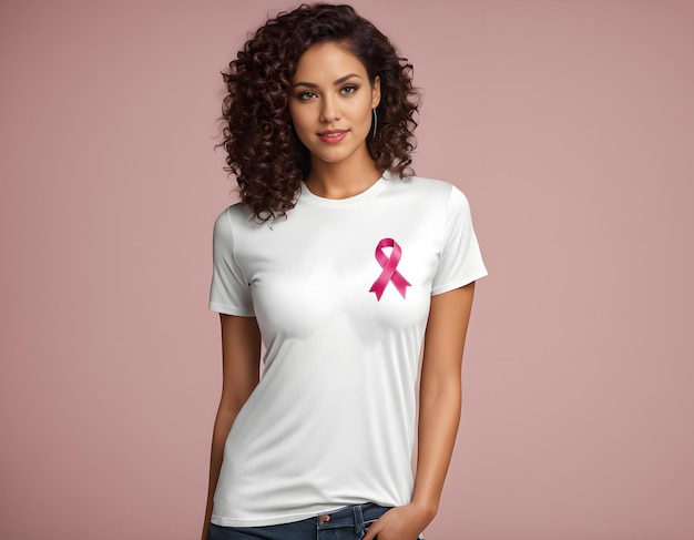 Woman with pink ribbon on her chest breast cancer awareness campaign AI generative