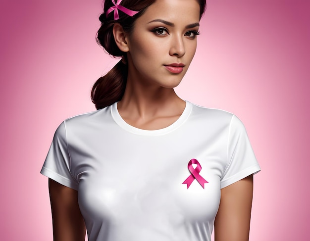 Woman with pink ribbon on her chest breast cancer awareness campaign AI generative