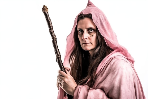 A woman with a pink robe and a wand in her hands