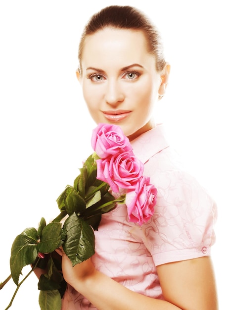 Woman with pink roses