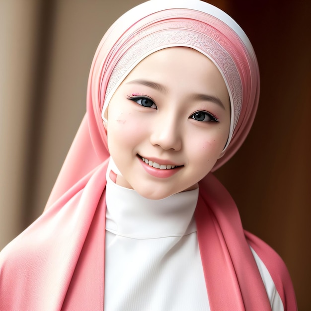 Photo a woman with a pink scarf on and a pink scarf on her head.