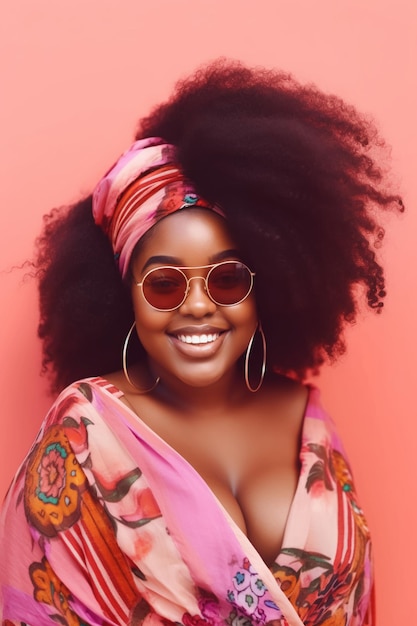 A woman with a pink scarf and sunglasses o a pink background