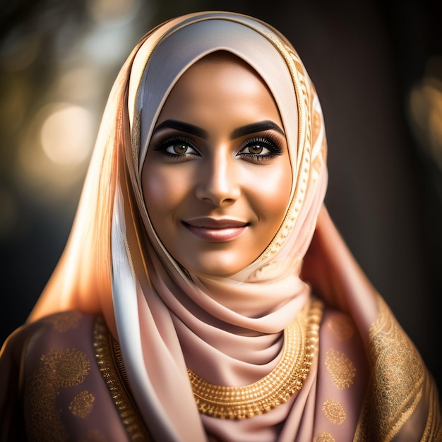 A woman with a pink scarf that says'sharjah'on it